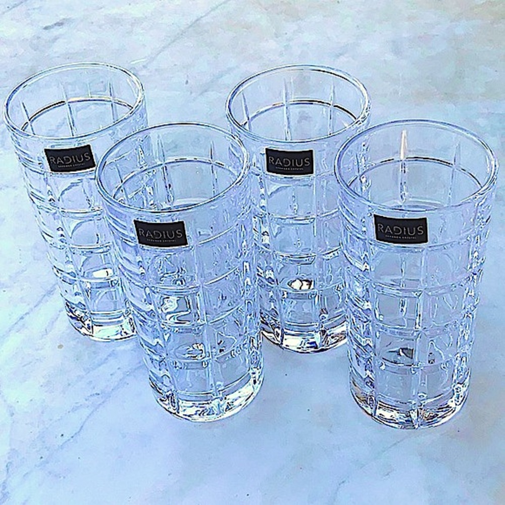 GODINGER RADIUS CLEAR CRYSTAL HIGHBALL GLASSES SET OF 4 NEW 13 oz 6 INCH
